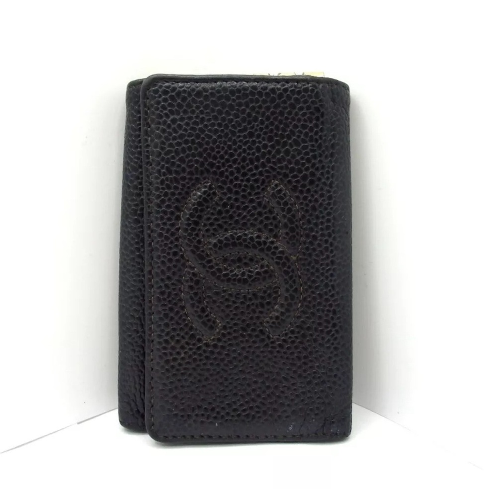 CHANEL caviar black lambskin leather interlocking CC EUC key holder